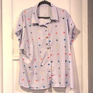 Shein Curve Purple Button Down Short-sleeve Shirt With Colorful Hearts 💕